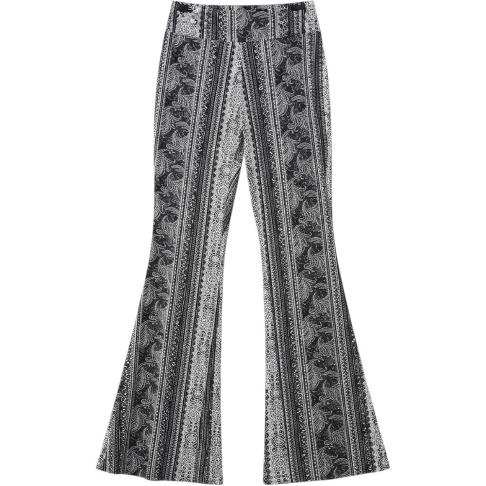 Satina Boho Paisley Flare Bell Bottom Pants Black White Large High Waist Stretch